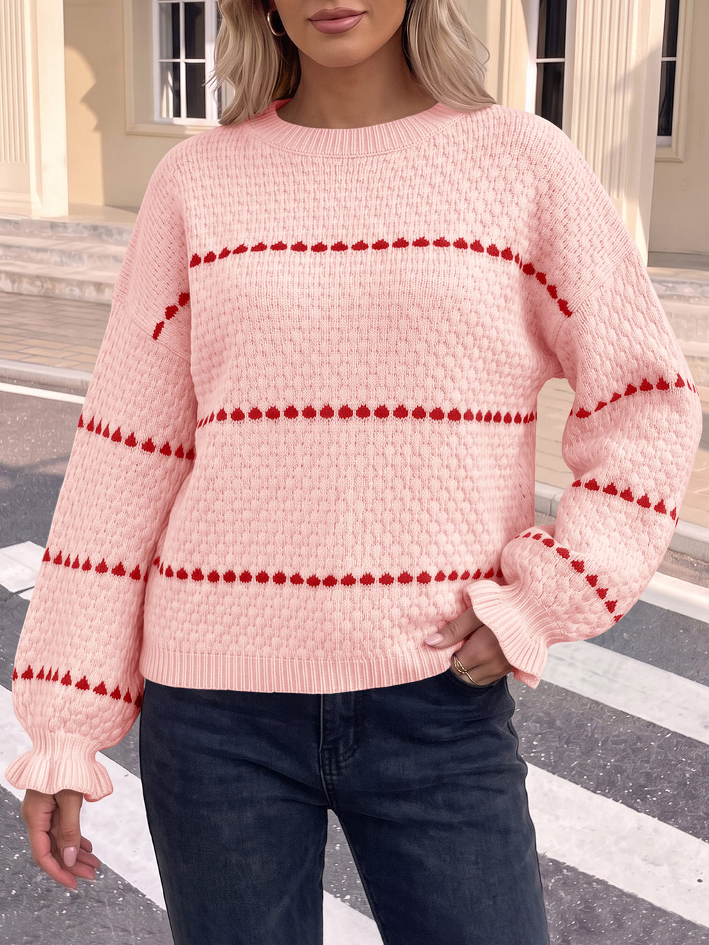 Saodimallsu Womens Heart Striped Ruffle Sweaters