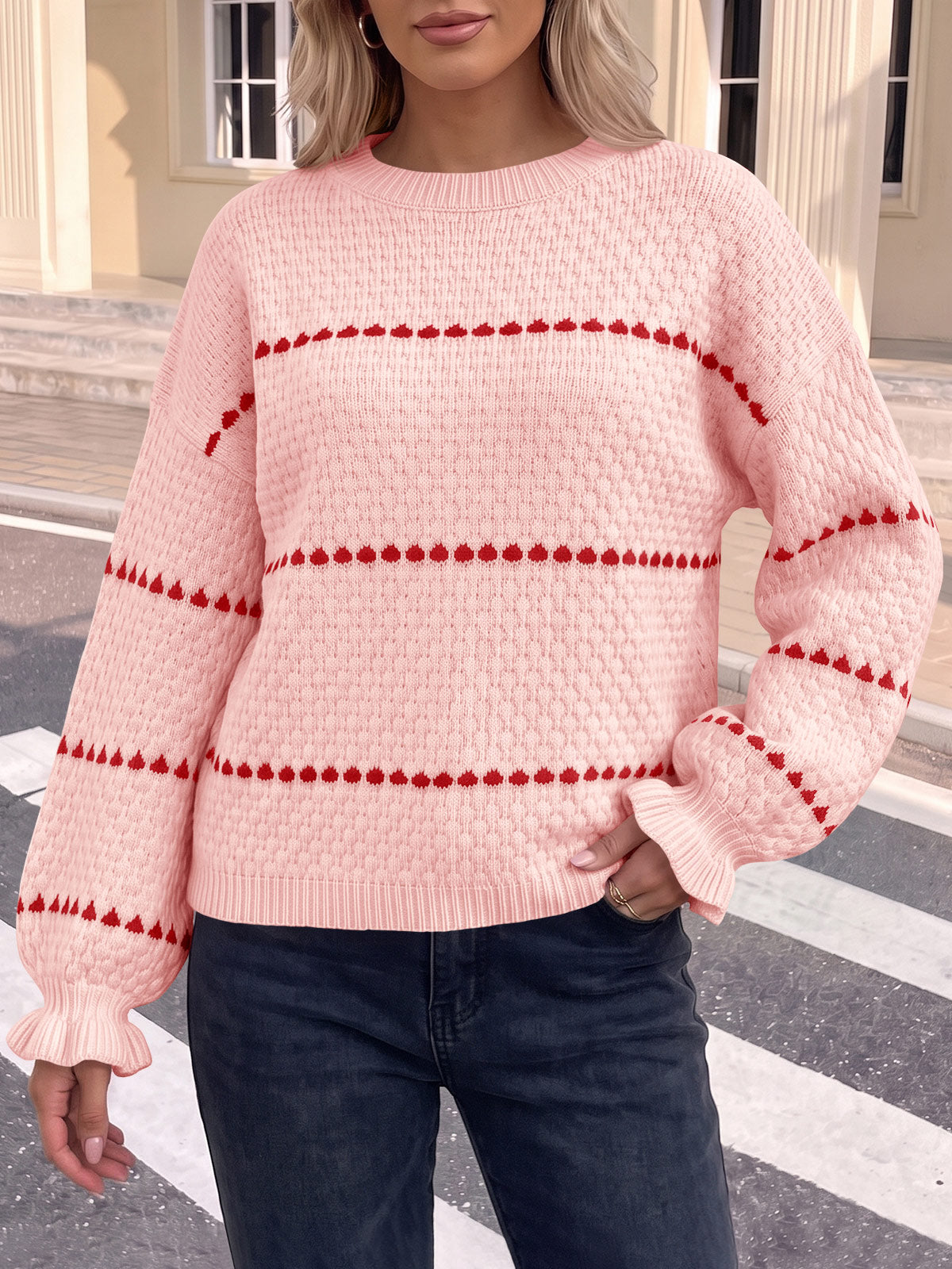 Saodimallsu Womens Heart Striped Ruffle Sweaters