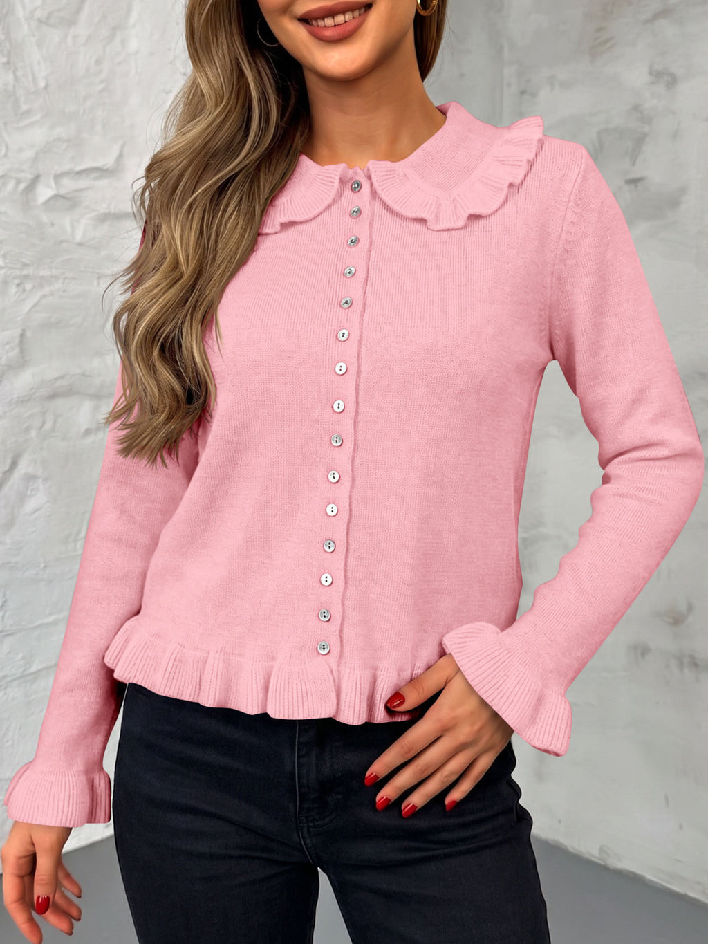 Saodimallsu Womens Ruffle Button Down Cardigan