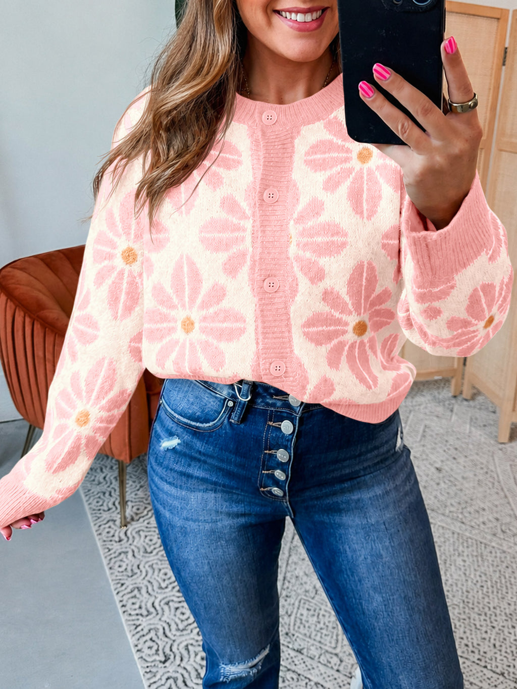 Saodimallsu Womens Floral Button Up Vintage Sweater