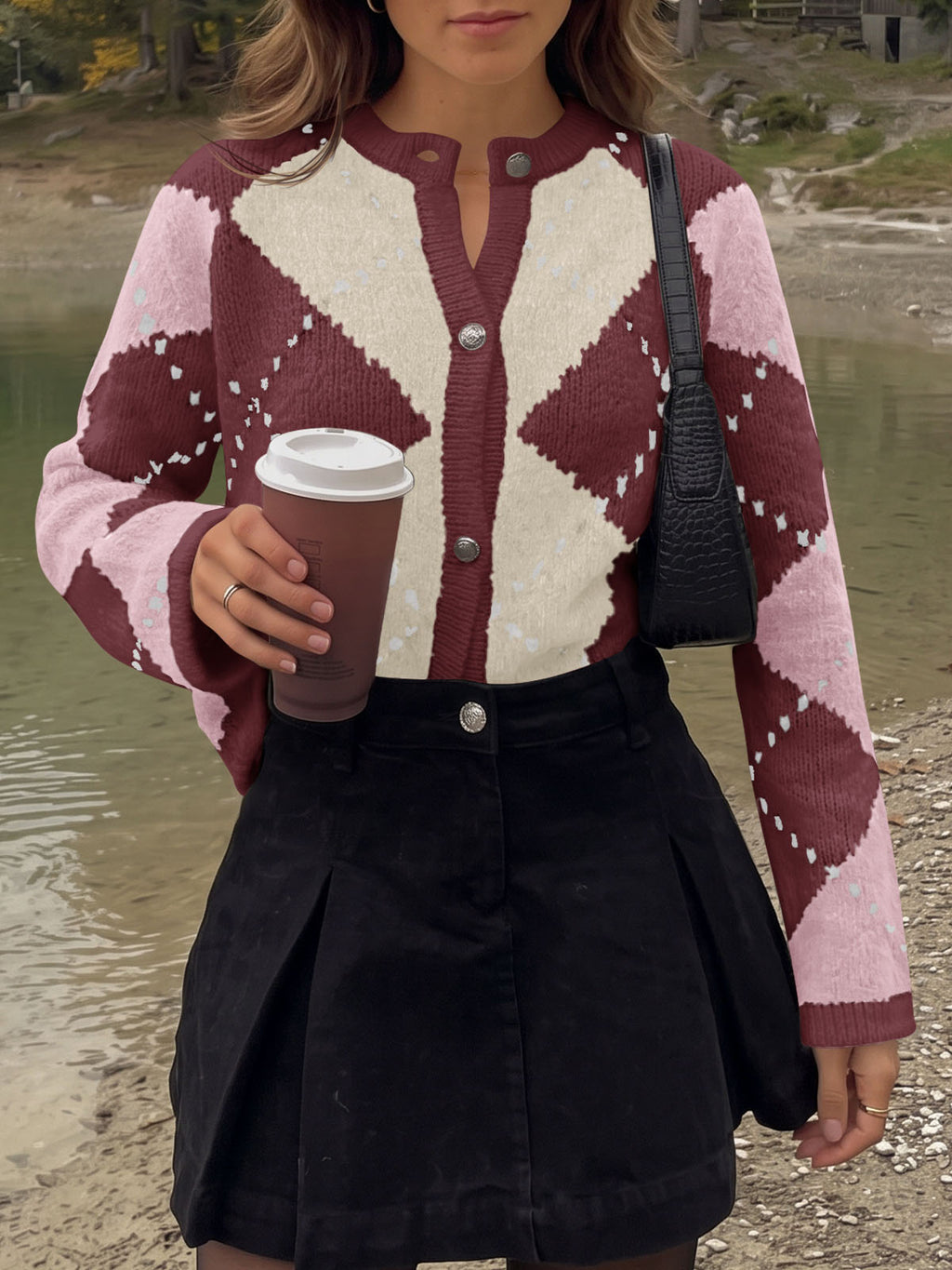 Saodimallsu Womens Argyle Crew Neck Knit Cardigan