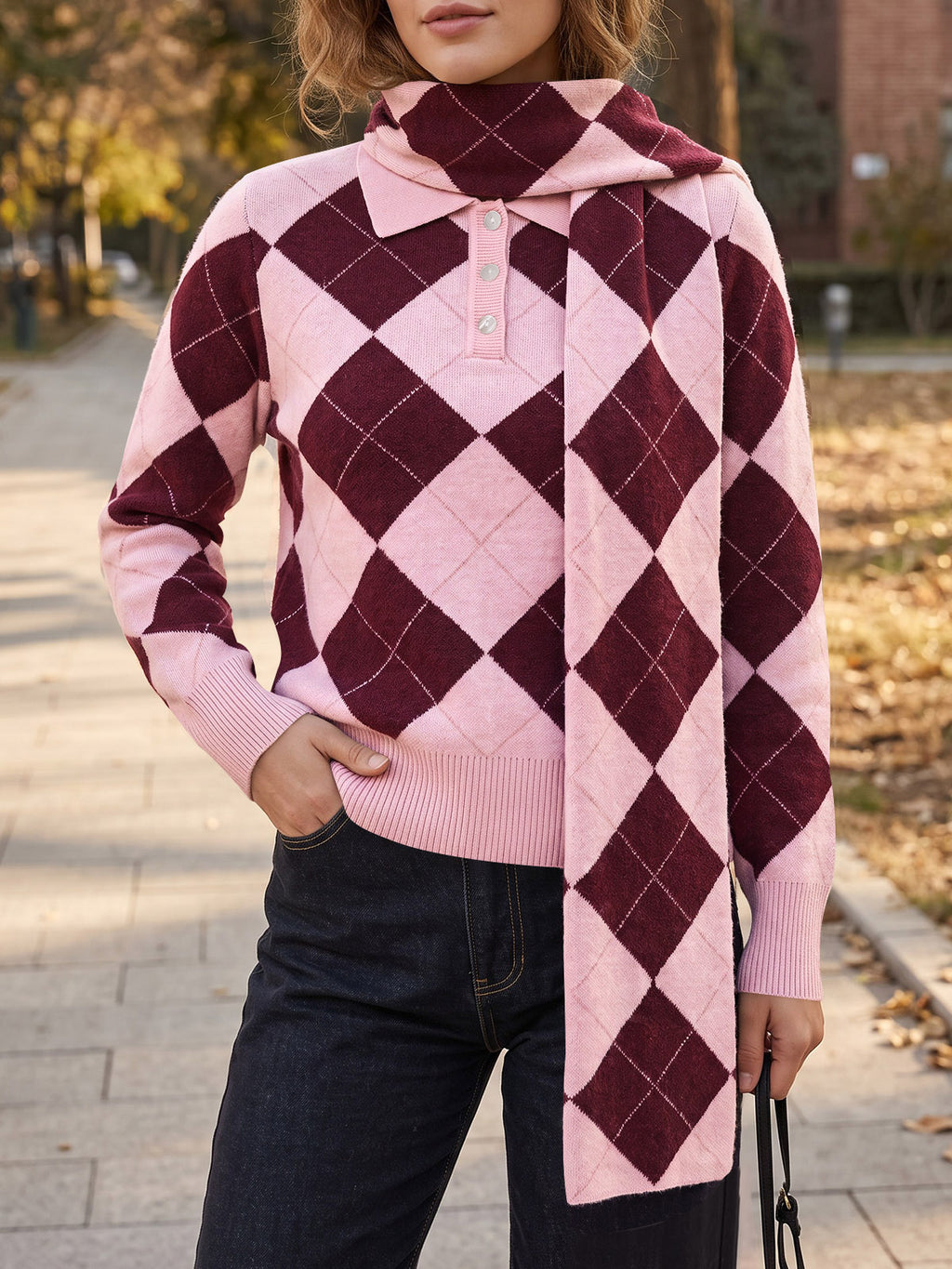 Saodimallsu Womens Argyle Color Block Polo Sweater