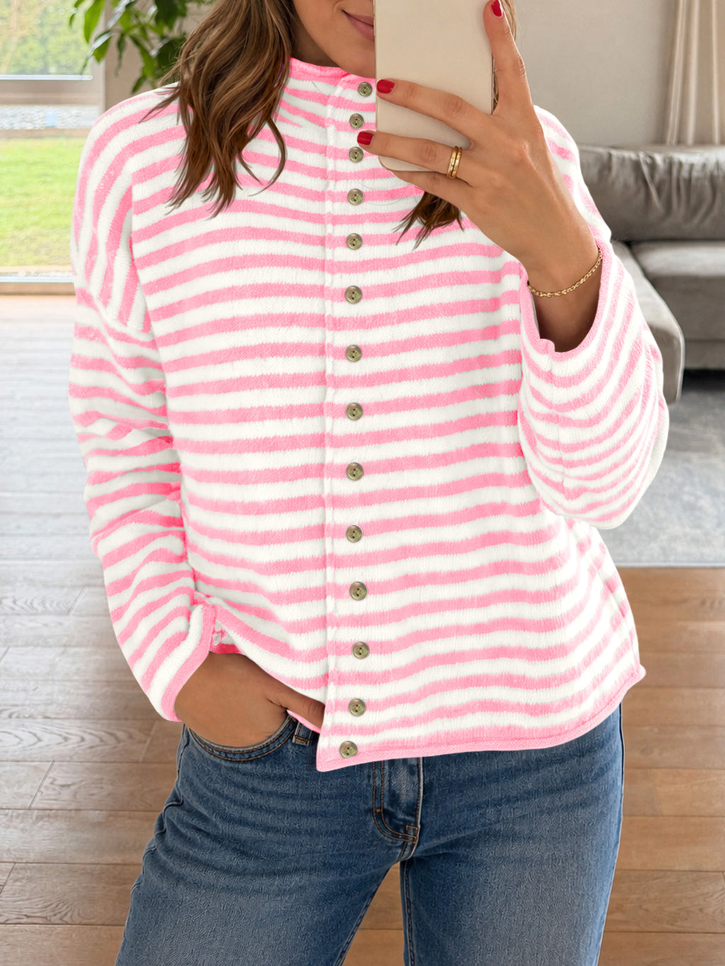 Saodimallsu Womens Striped Mock Neck Cardigan