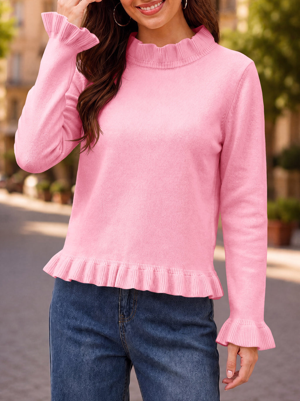 Saodimallsu Women Ruffle Mock Neck Knit Sweater