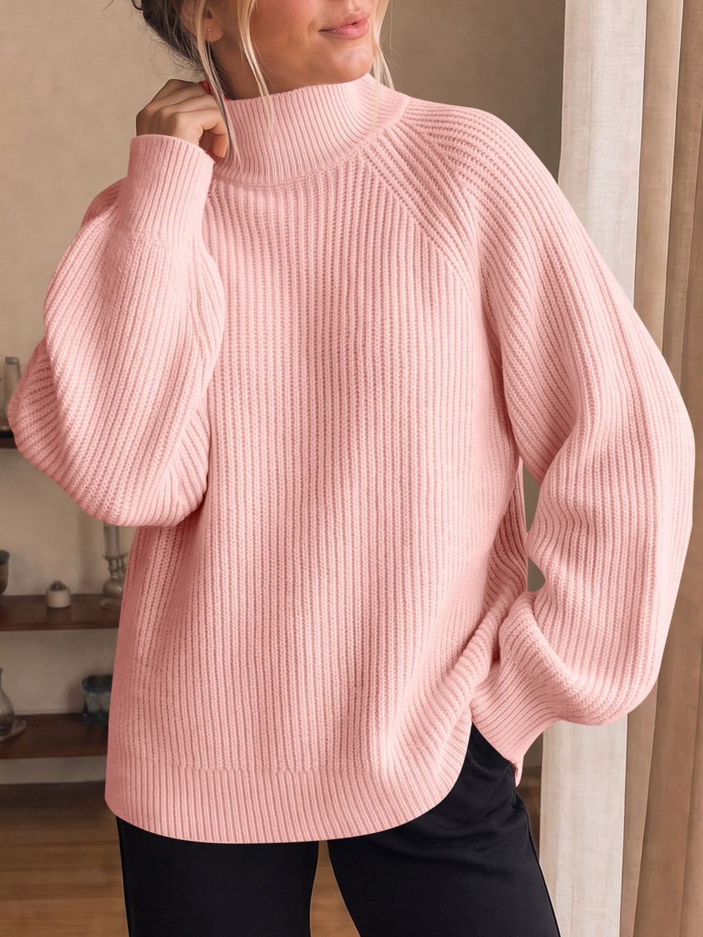 Saodimallsu Womens High Neck Oversized Knit Sweater