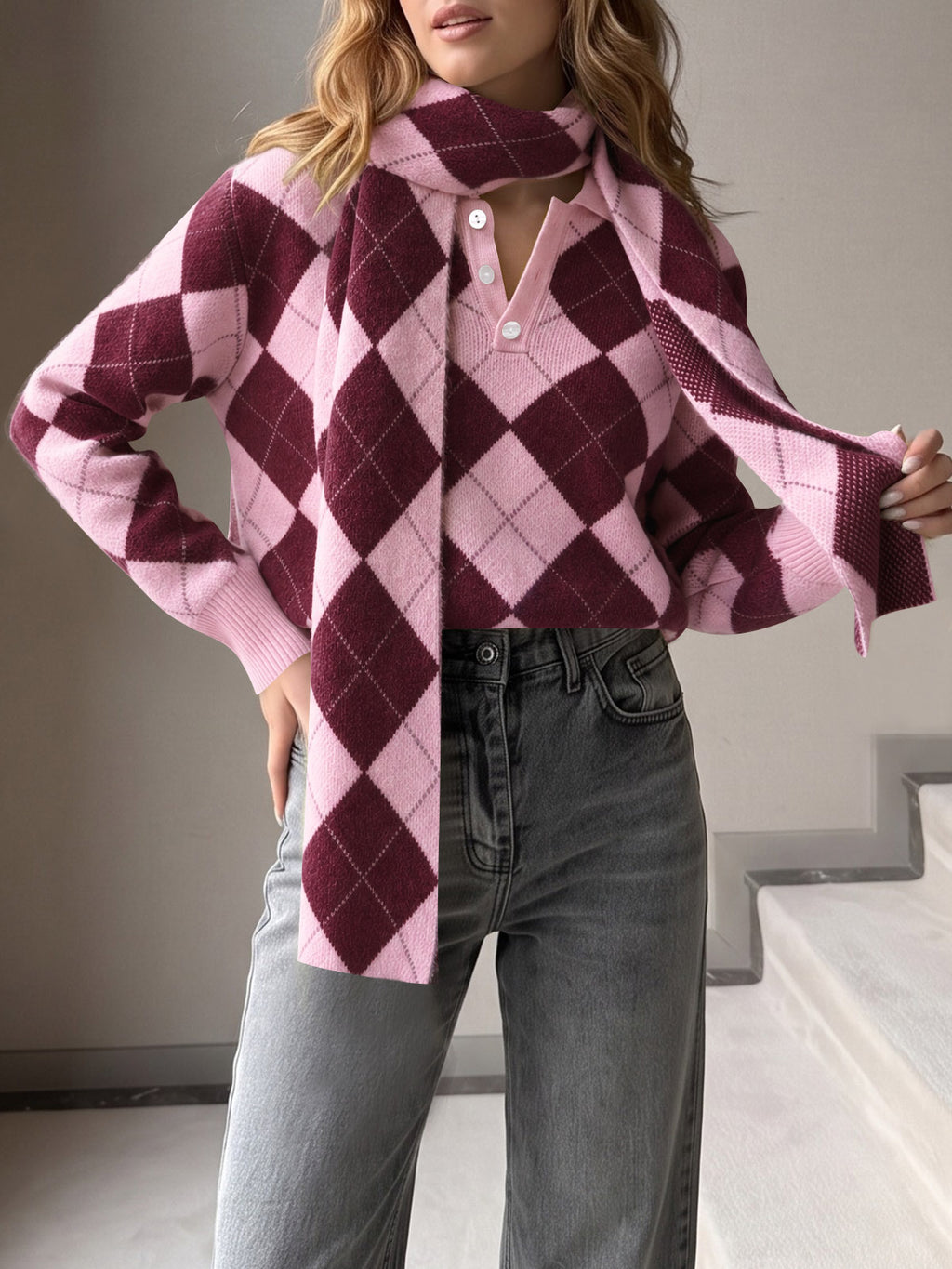 Saodimallsu Womens Argyle Color Block Polo Sweater