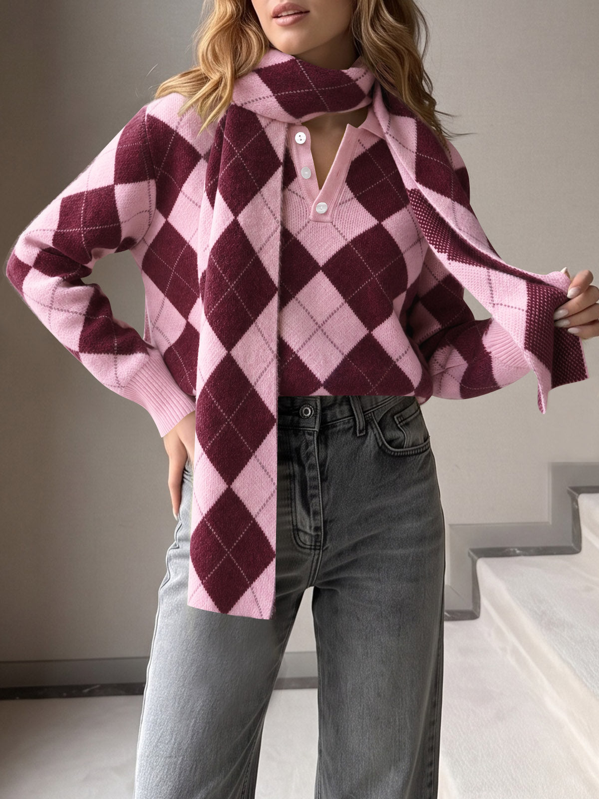 Saodimallsu Womens Argyle Color Block Polo Sweater