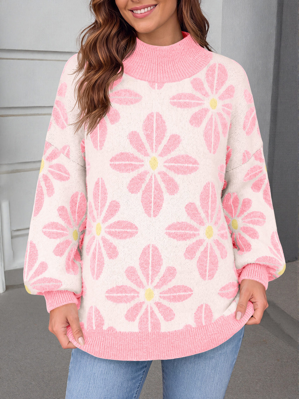 Saodimallsu Womens Floral Mock Neck Chunky Sweater
