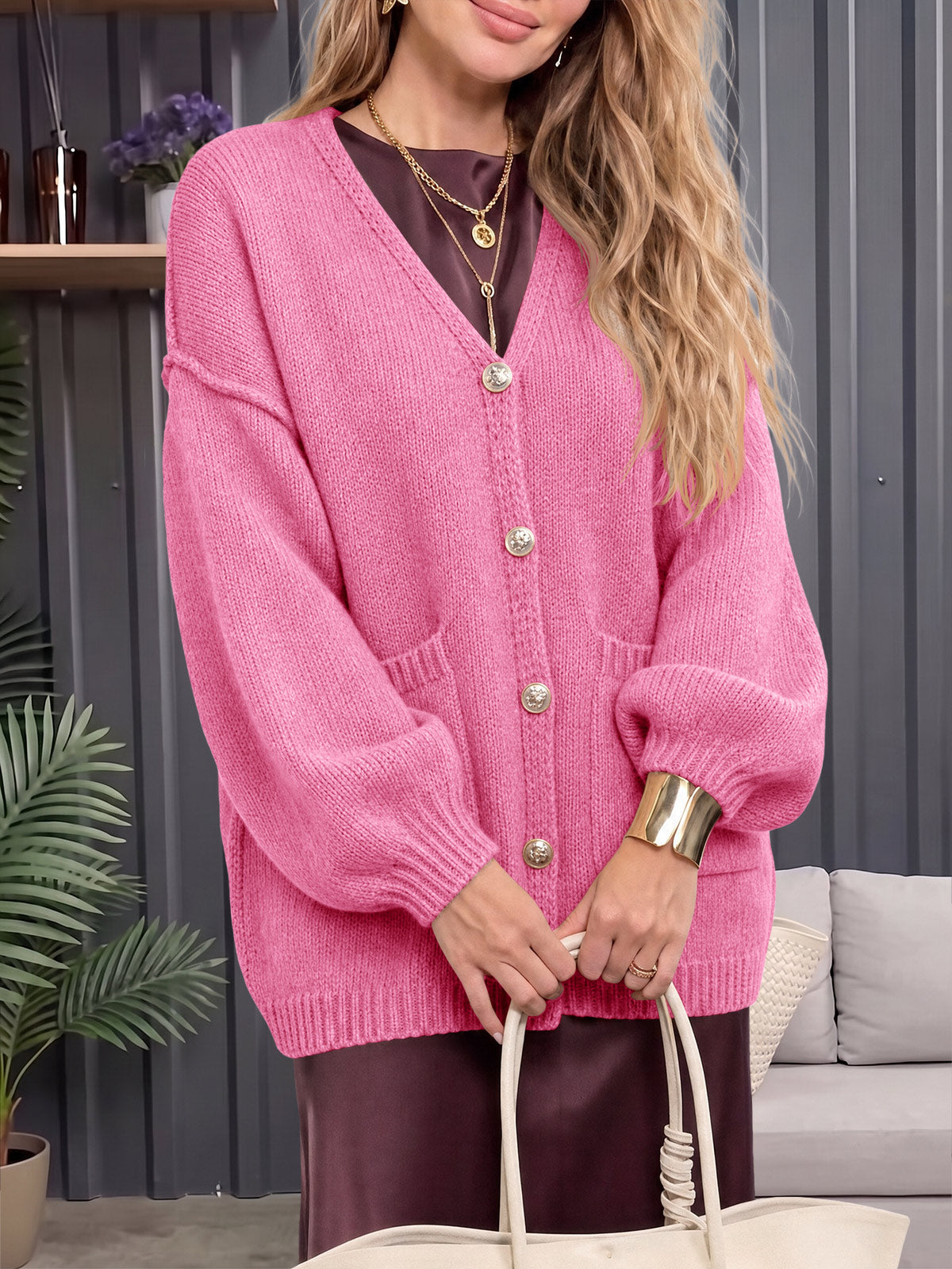 Saodimallsu Womens V Neck Loose Button Cardigan
