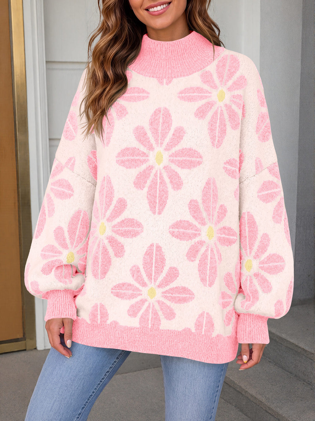 Saodimallsu Womens Floral Mock Neck Chunky Sweater