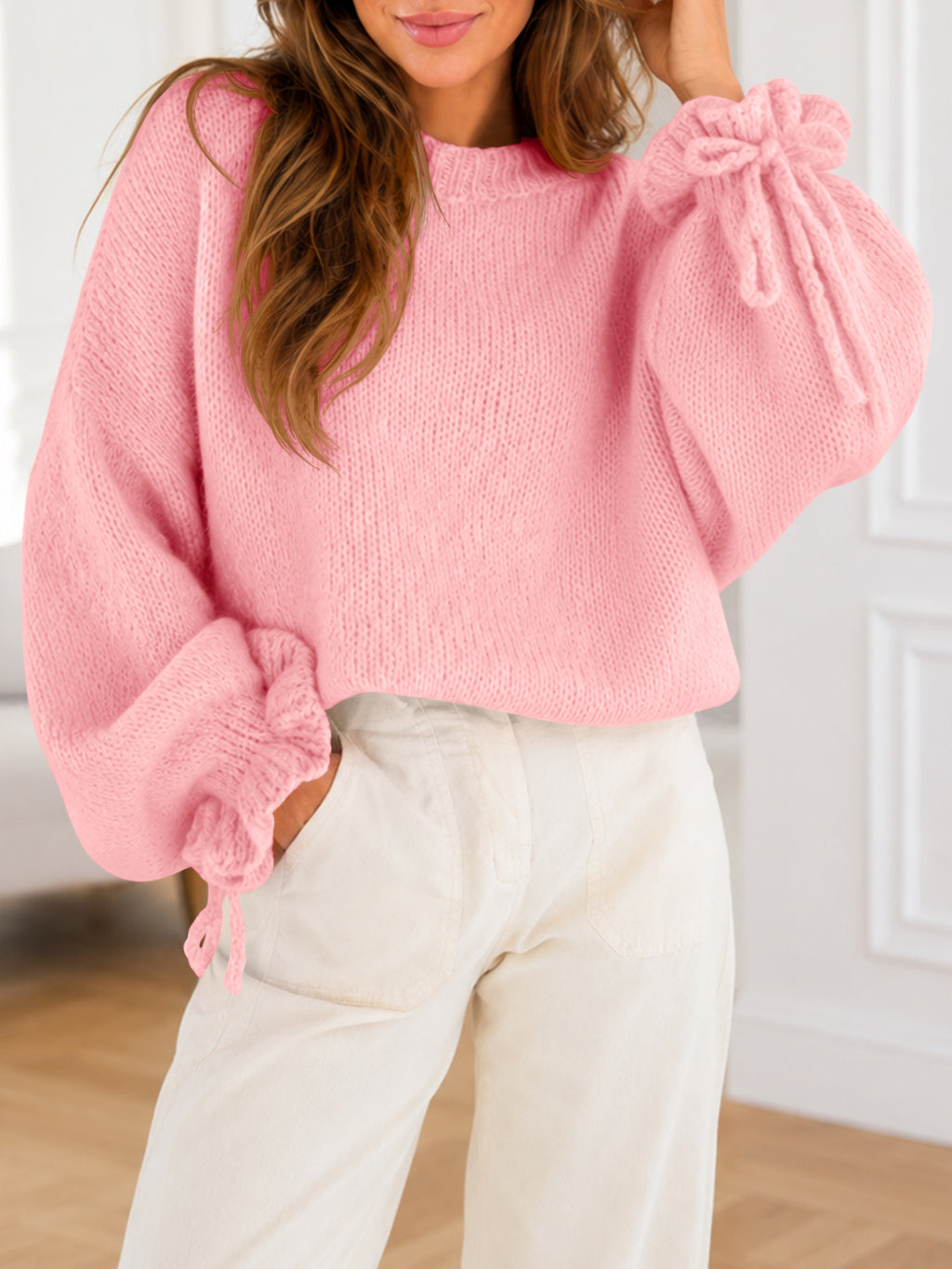 Saodimallsu Women Ruffle Long Sleeve Knit Sweater