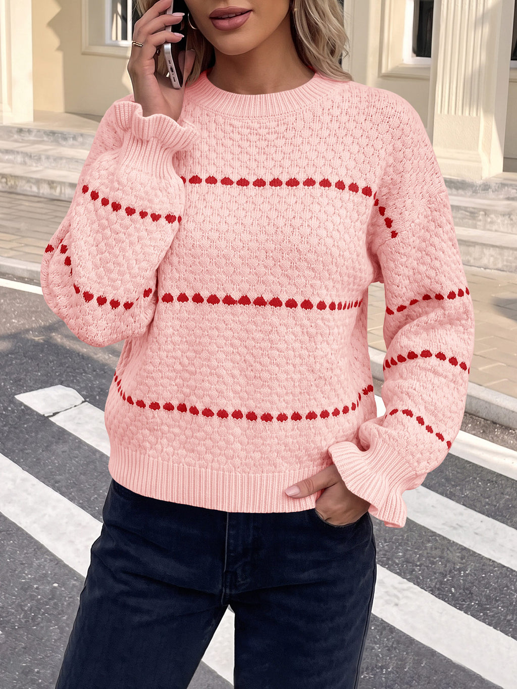 Saodimallsu Womens Heart Striped Ruffle Sweaters