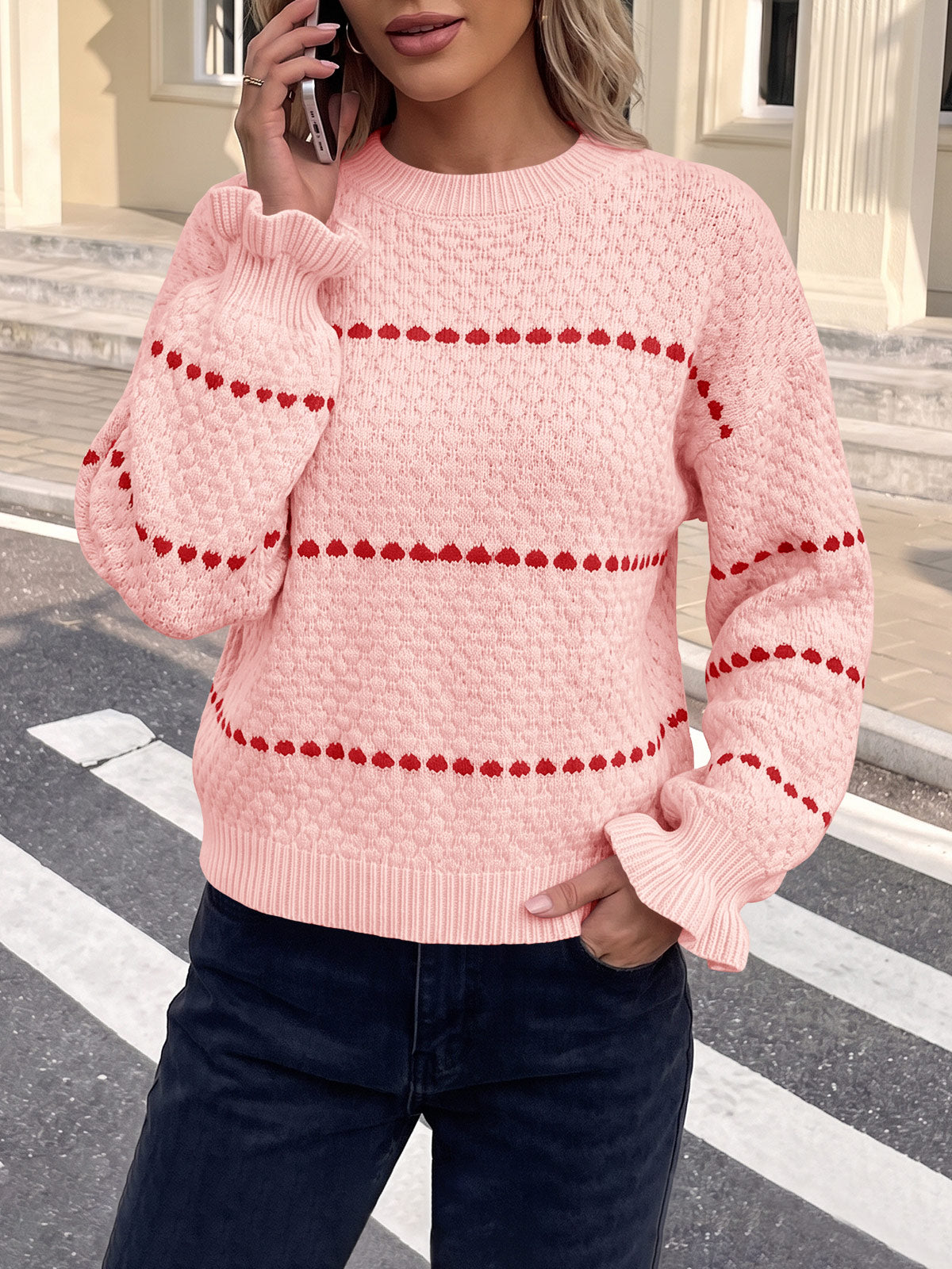 Saodimallsu Womens Heart Striped Ruffle Sweaters