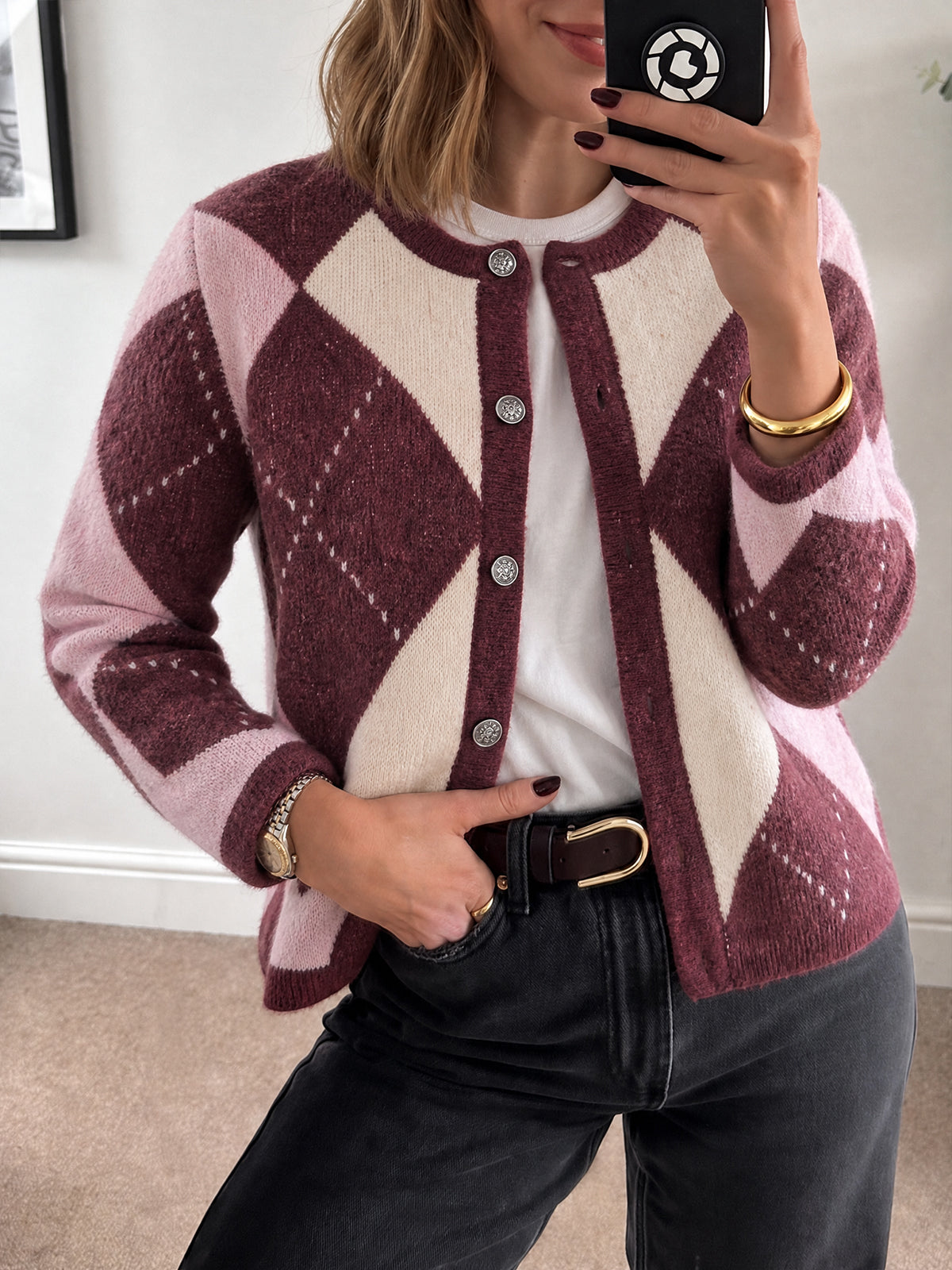 Saodimallsu Womens Argyle Crew Neck Knit Cardigan