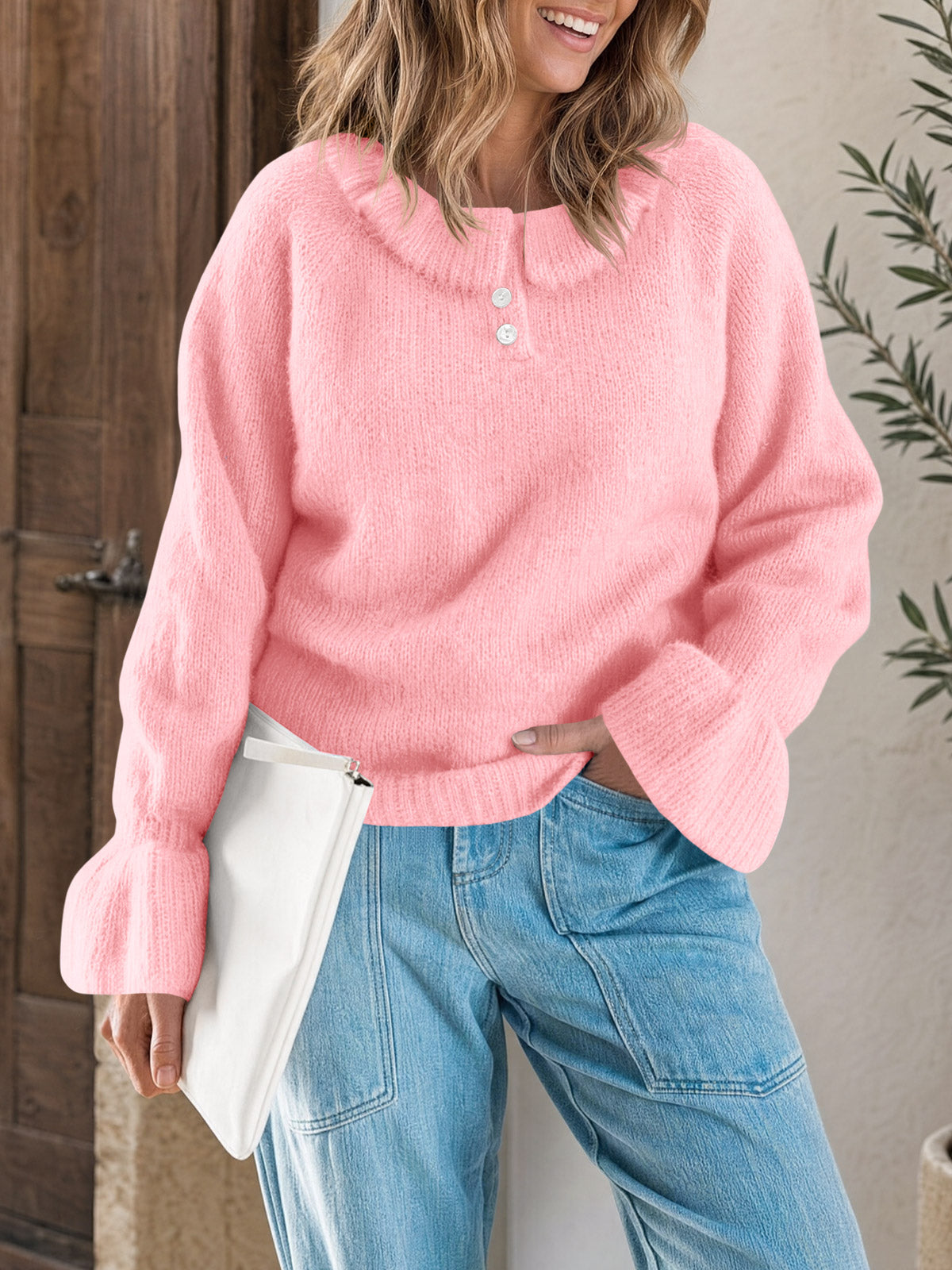 Saodimallsu Women Ruffle Collared Long Sleeve Sweater