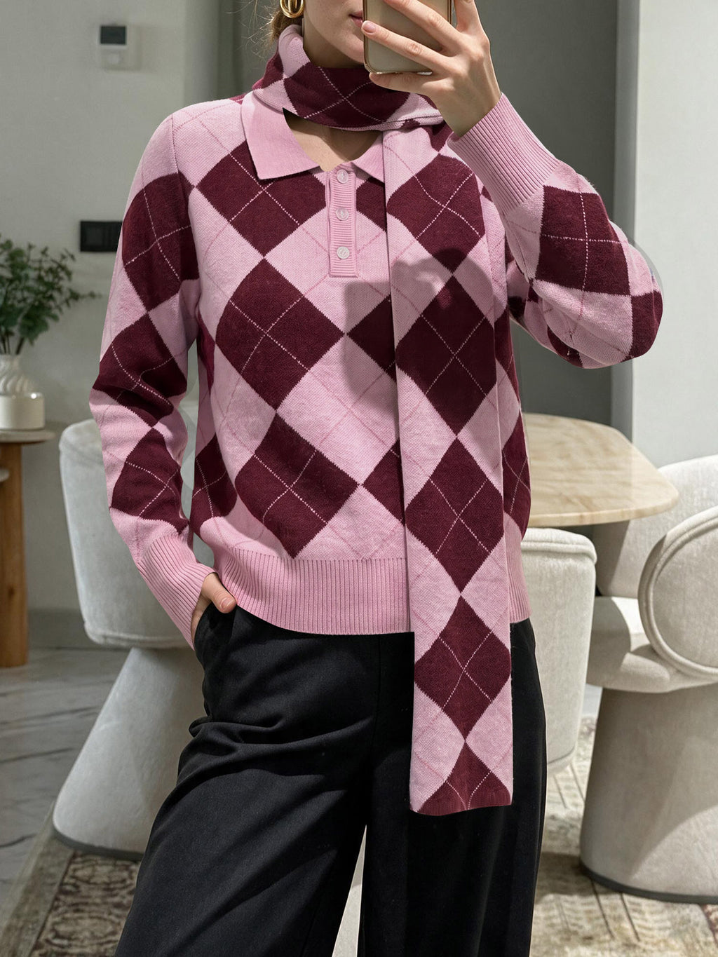 Saodimallsu Womens Argyle Color Block Polo Sweater