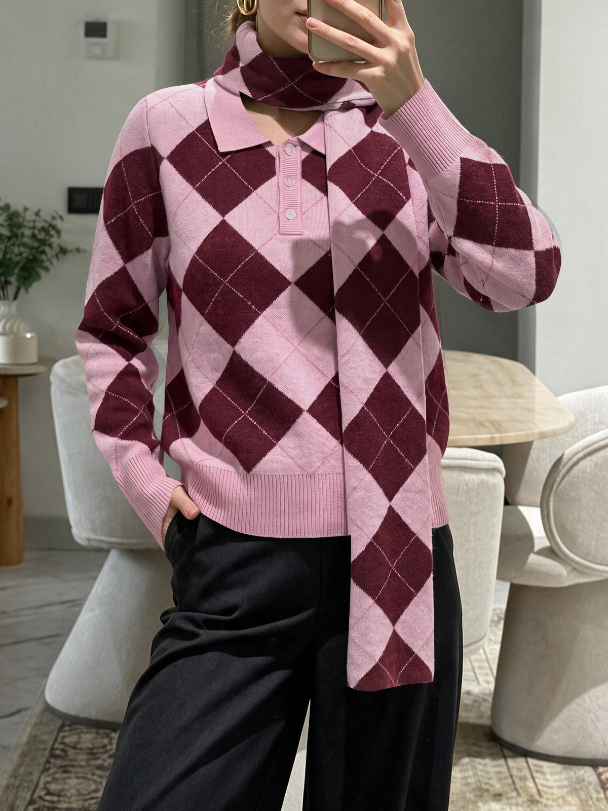 Saodimallsu Womens Argyle Color Block Polo Sweater