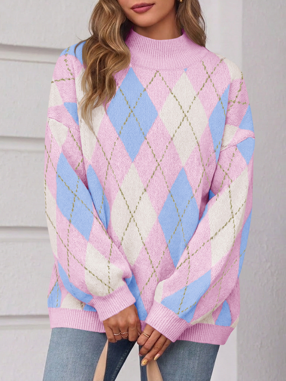 Saodimallsu Womens Oversized Argyle Fall Winter Sweater