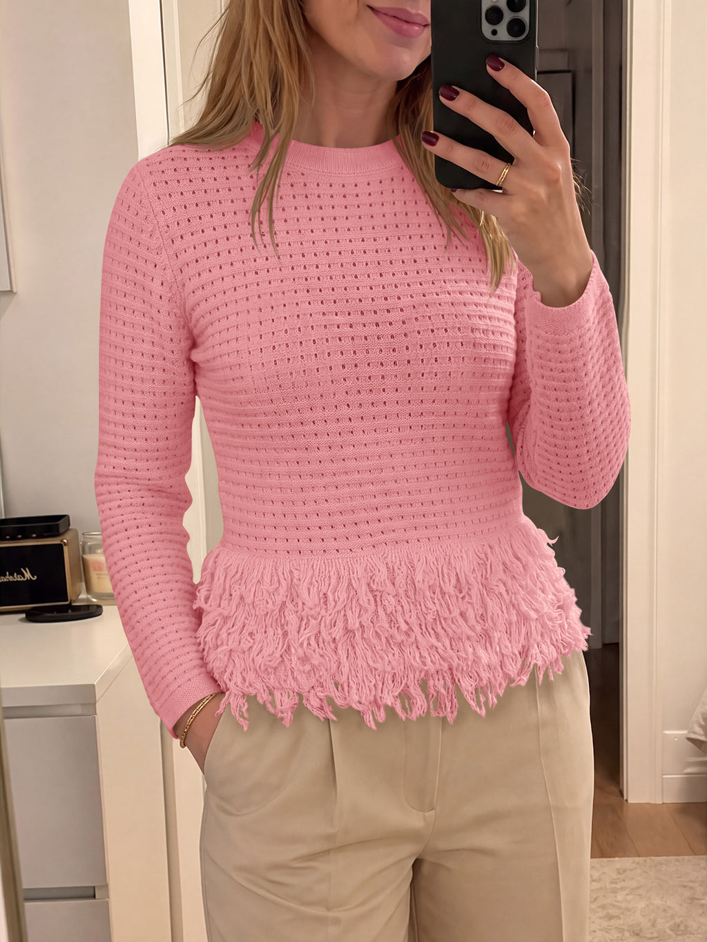 Saodimallsu Womens Crochet Fringe Crew Neck Sweater