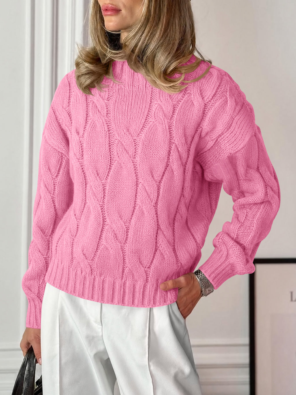 Saodimallsu Womens Mock Neck Cable Knit Sweater