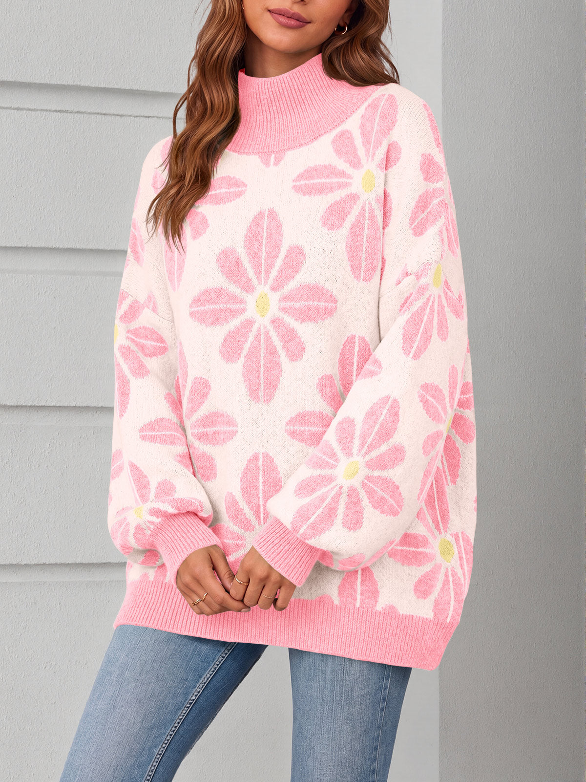 Saodimallsu Womens Floral Mock Neck Chunky Sweater