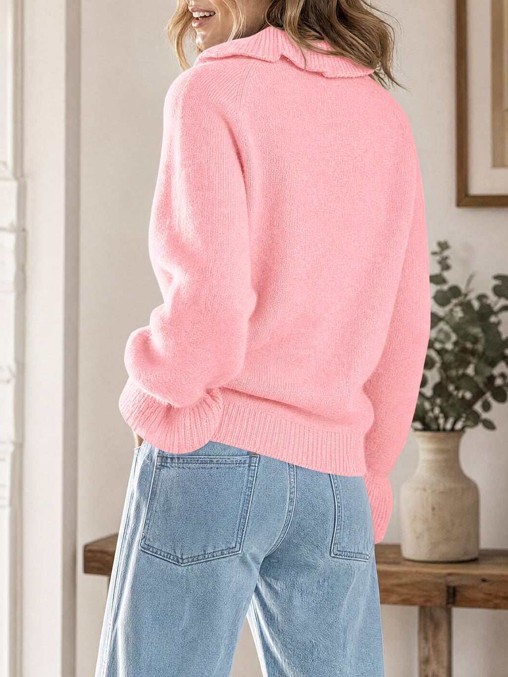 Saodimallsu Women Ruffle Collared Long Sleeve Sweater