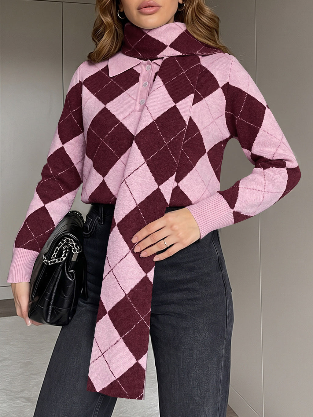 Saodimallsu Womens Argyle Color Block Polo Sweater