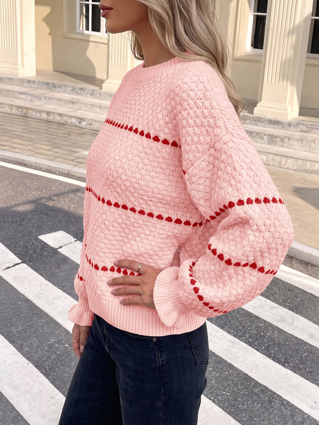 Saodimallsu Womens Heart Striped Ruffle Sweaters