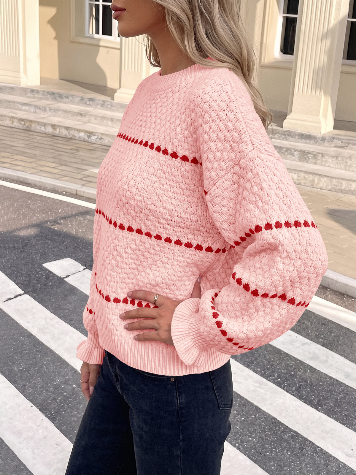 Saodimallsu Womens Heart Striped Ruffle Sweaters