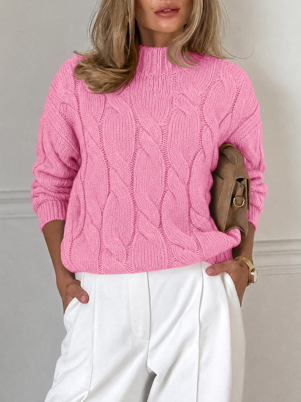 Saodimallsu Womens Mock Neck Cable Knit Sweater