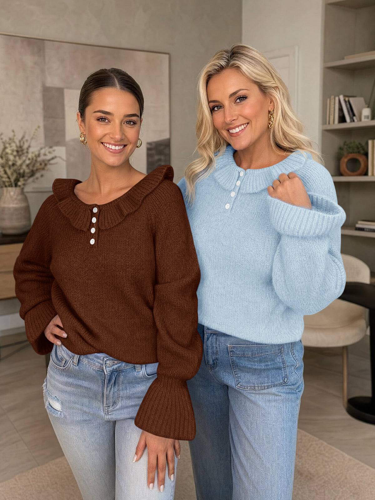 Saodimallsu Women Ruffle Collared Long Sleeve Sweater