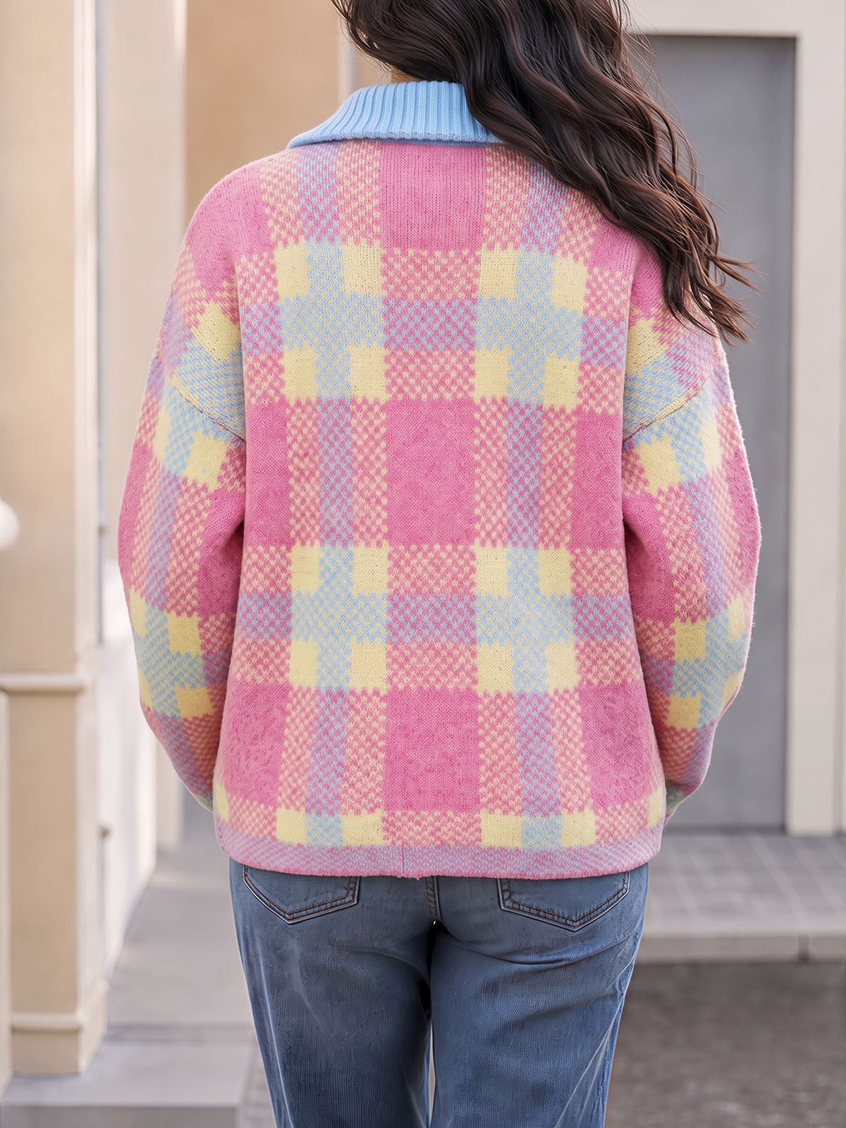 Saodimallsu Womens Plaid Color Block Zip Cardigan