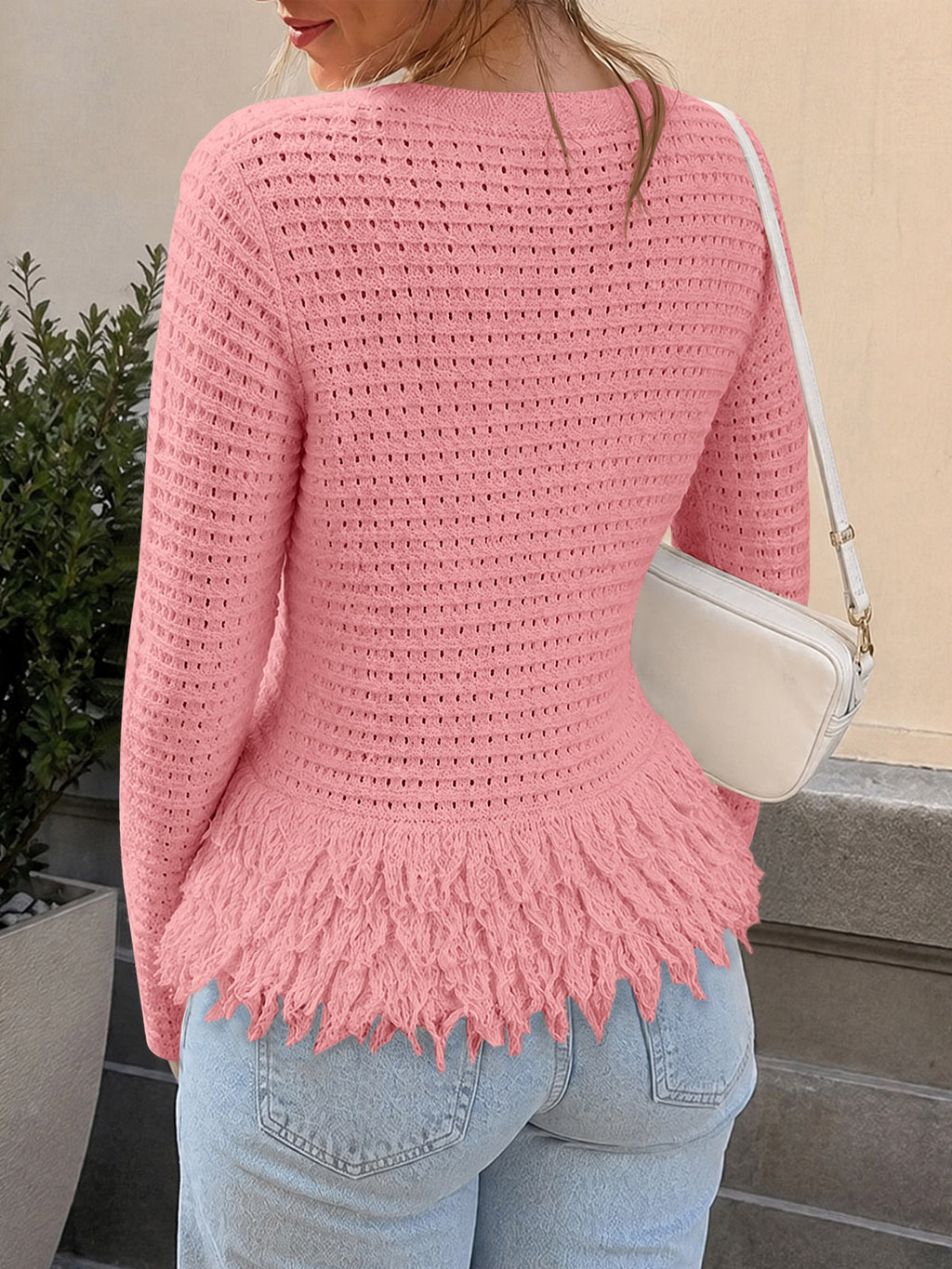 Saodimallsu Womens Crochet Fringe Crew Neck Sweater