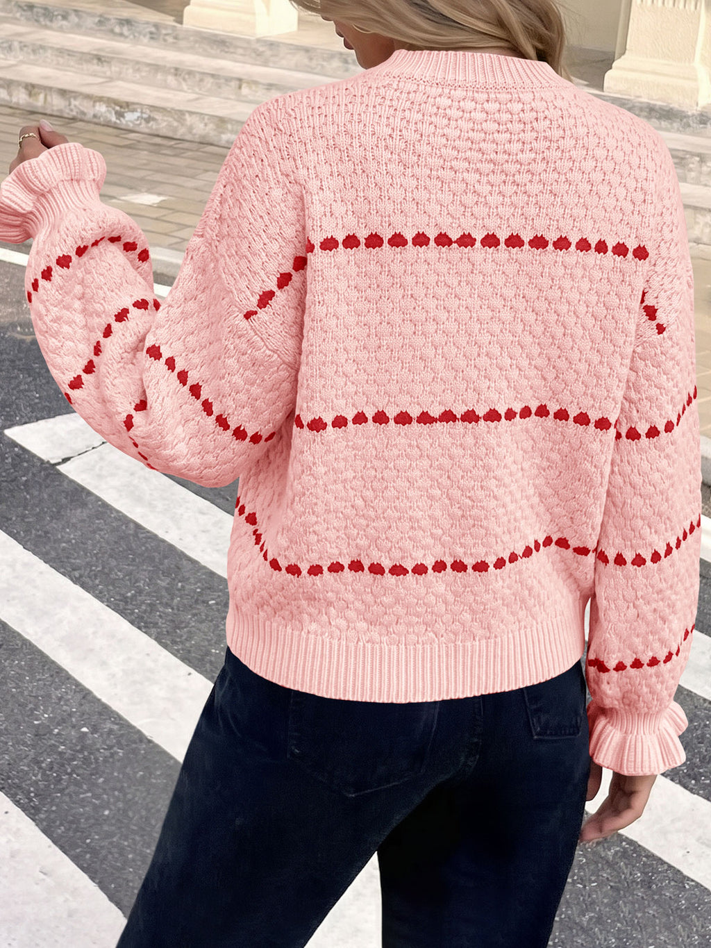 Saodimallsu Womens Heart Striped Ruffle Sweaters