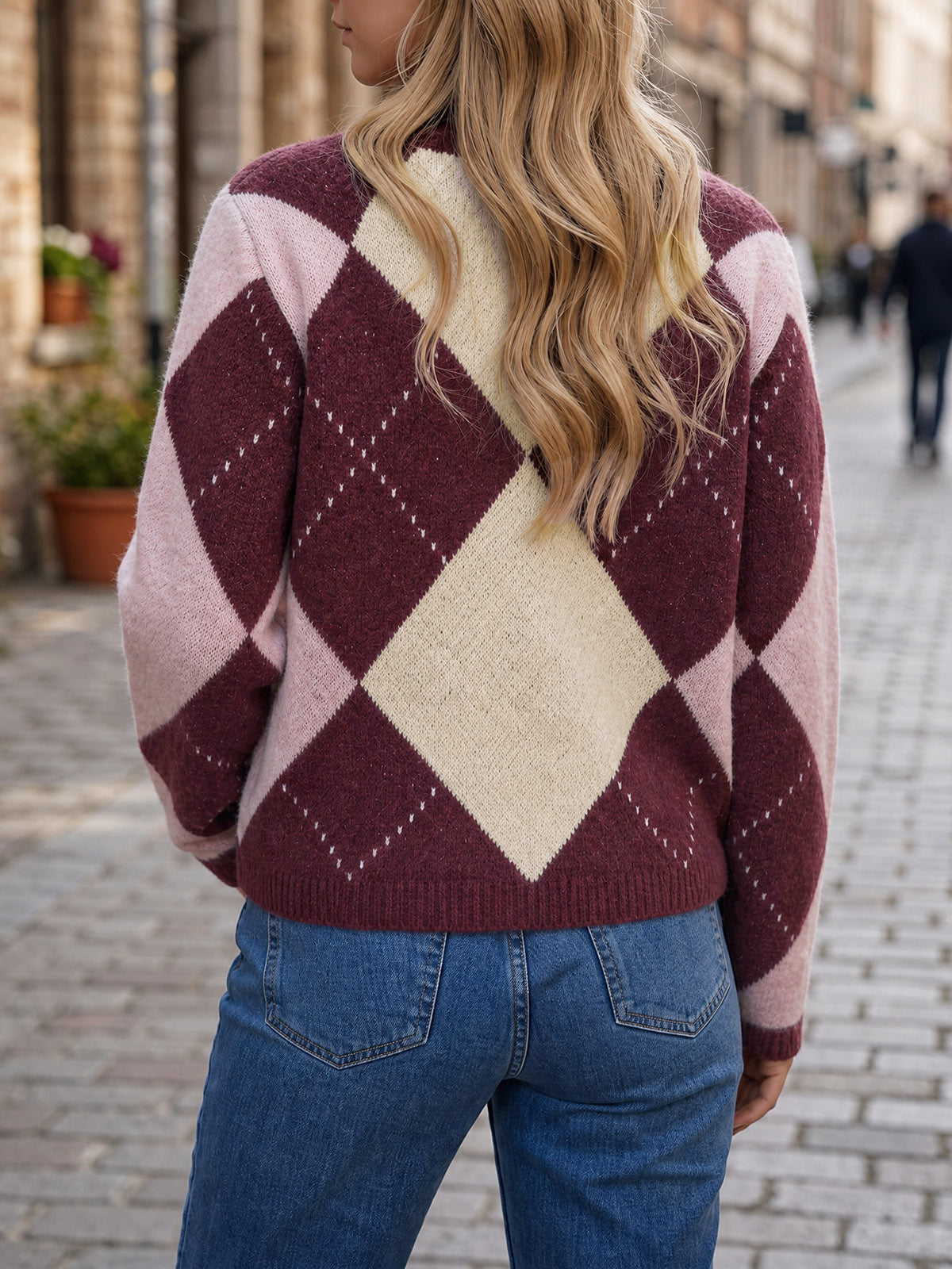 Saodimallsu Womens Argyle Crew Neck Knit Cardigan