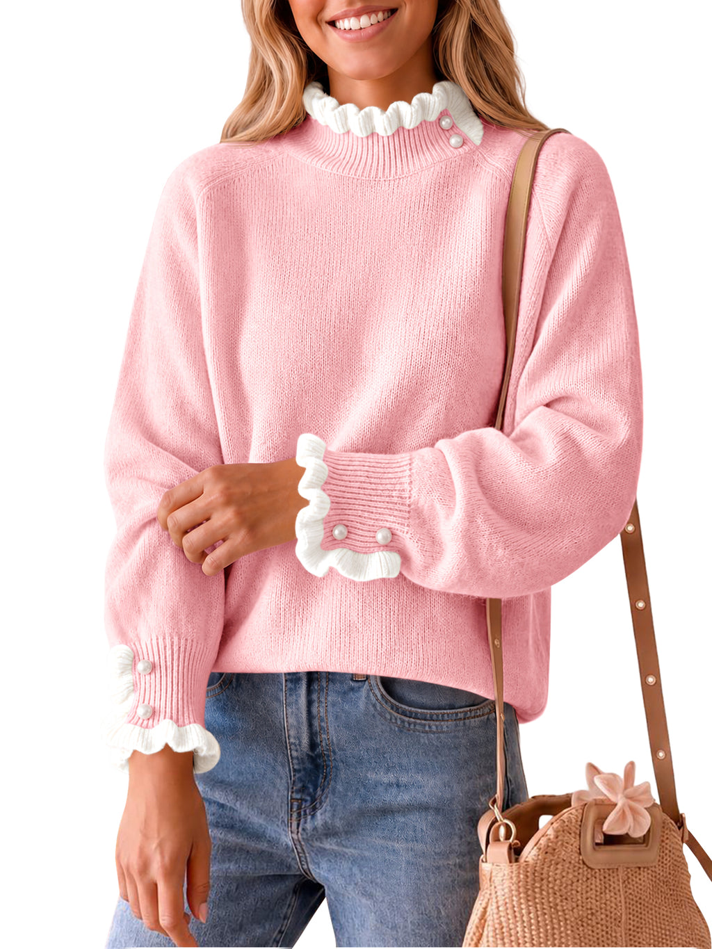 Saodimallsu Womens Mock Neck Ruffle Pearl Sweater