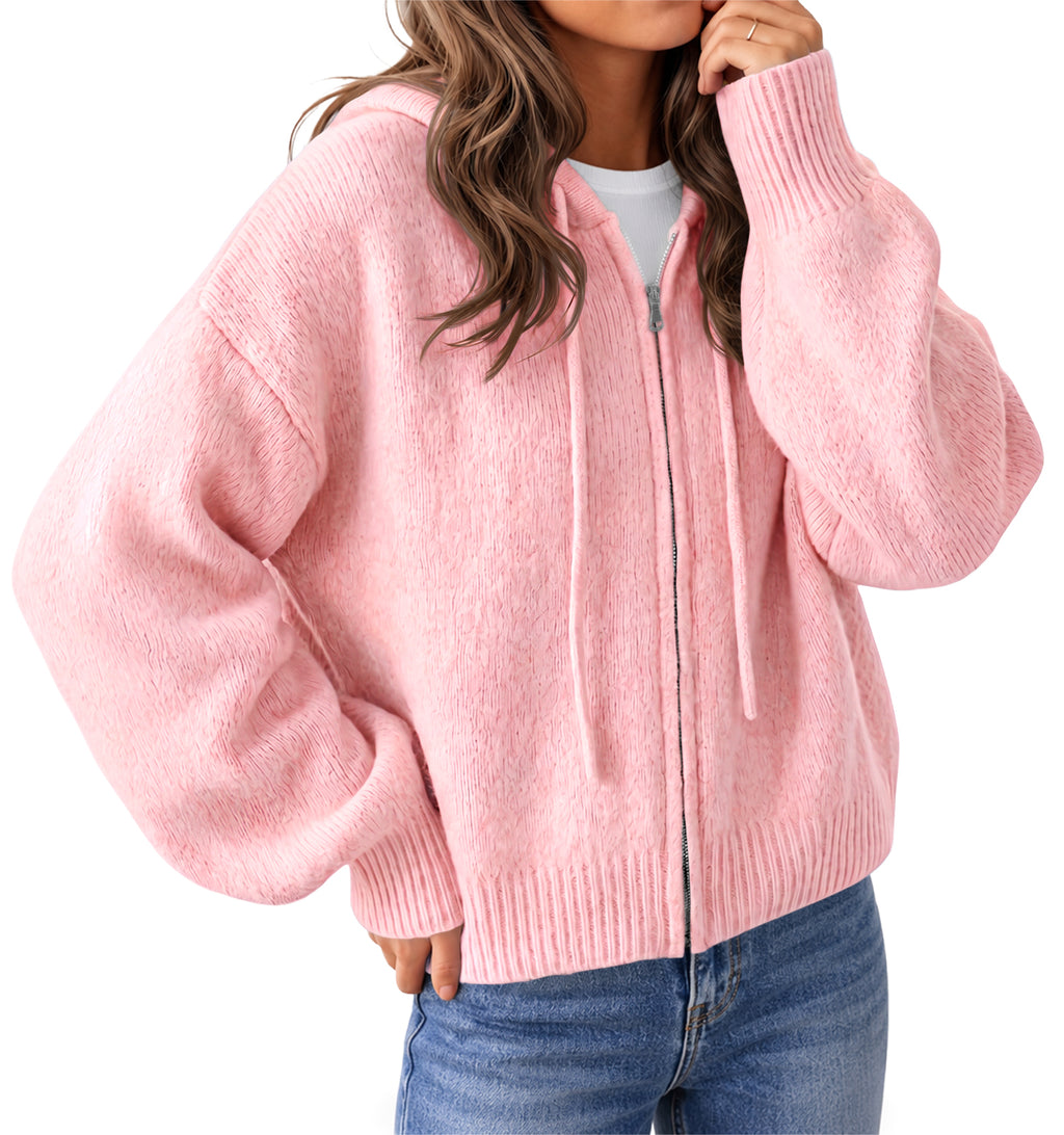 Saodimallsu Womens Zip Up Hooded Knit Cardigan