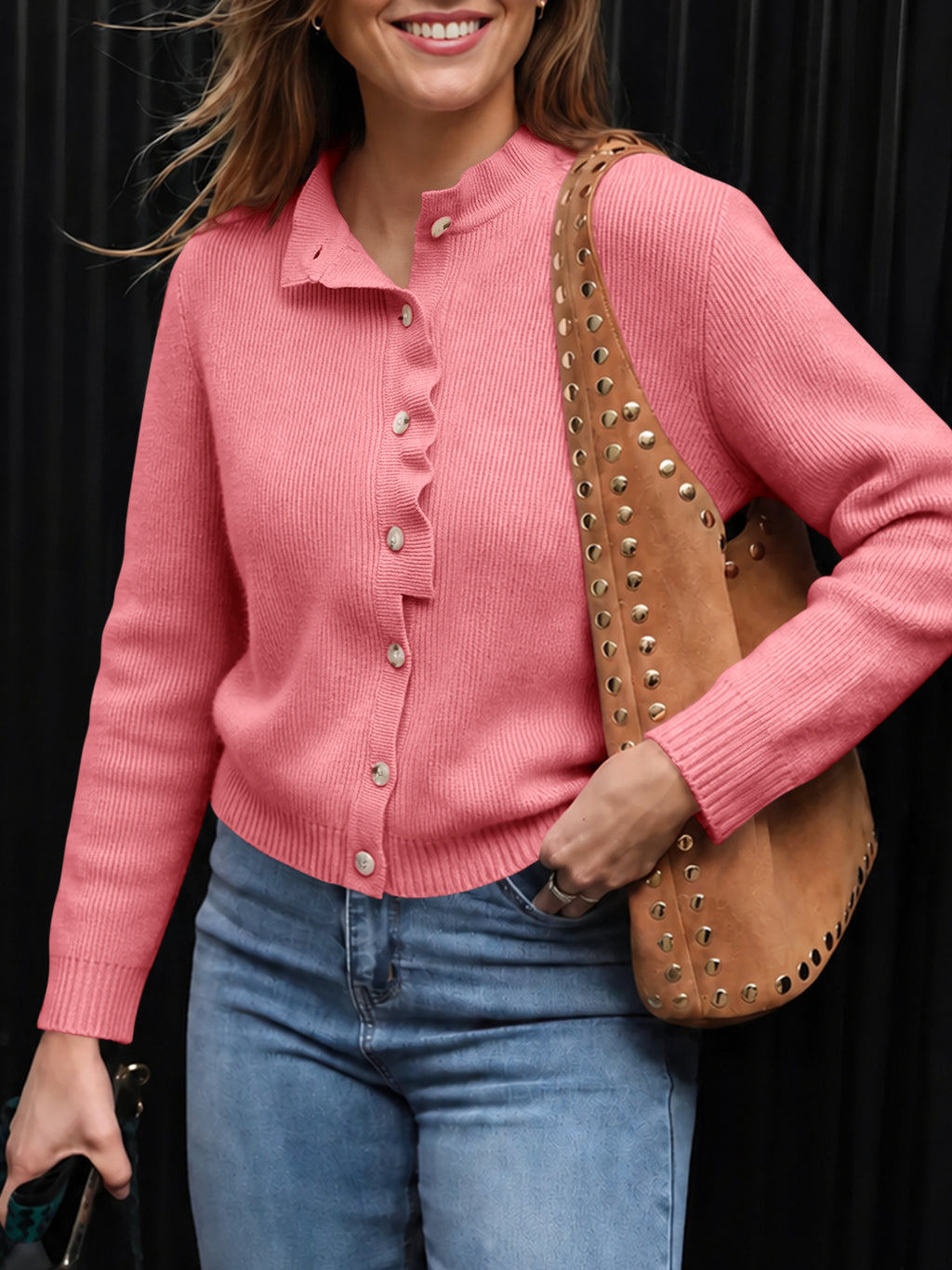 Saodimallsu Women Ruffle Mock Neck Knit Cardigan