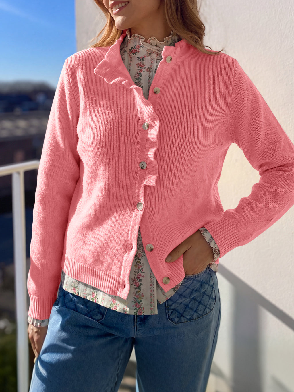 Saodimallsu Women Ruffle Mock Neck Knit Cardigan