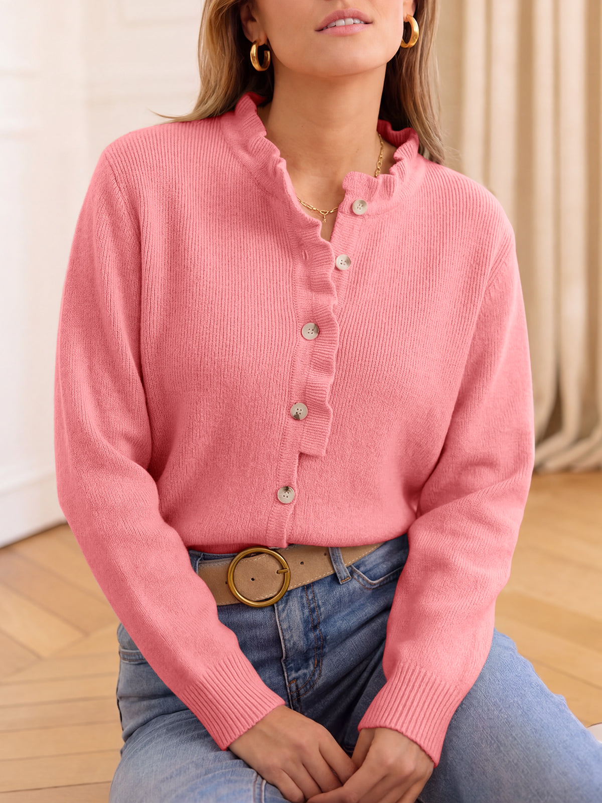 Saodimallsu Women Ruffle Mock Neck Knit Cardigan
