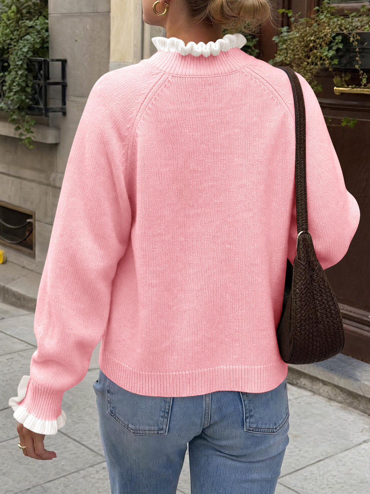 Saodimallsu Womens Mock Neck Ruffle Pearl Sweater