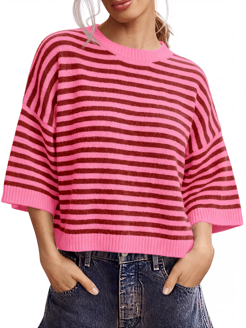 Saodimallsu Women Striped Short Sleeve Knit Top