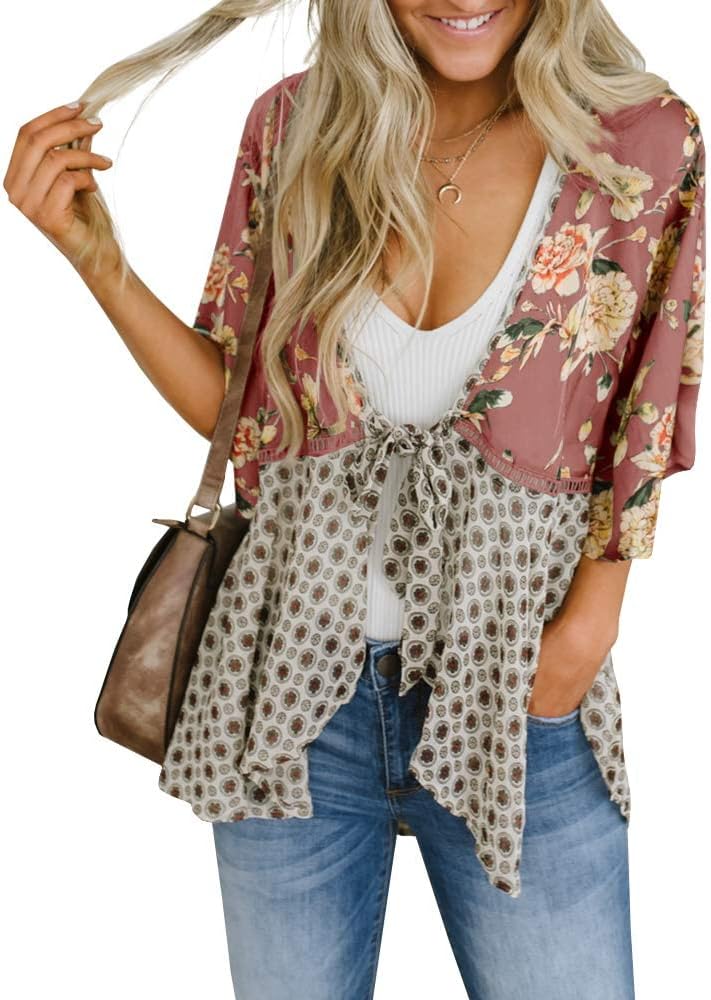 Saodimallsu Womens Tie Front Floral Kimono Cardigans