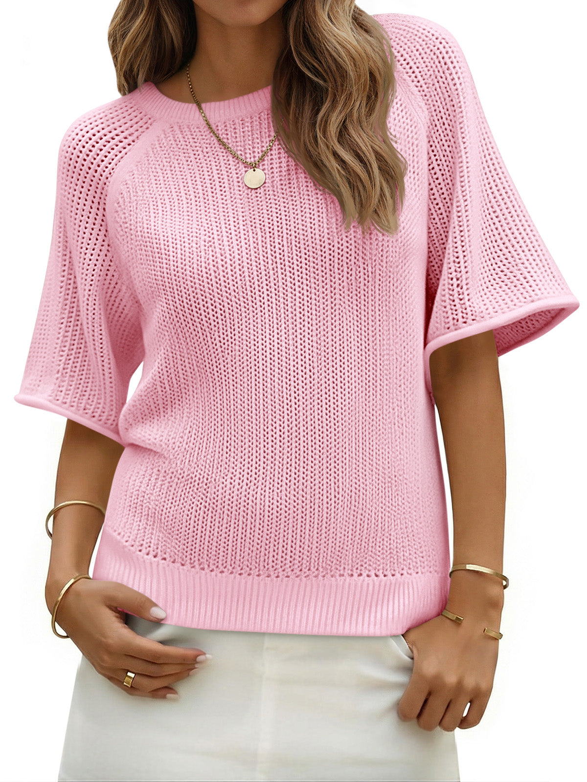 Saodimallsu Womens Crochet Short Sleeve Knit Sweater