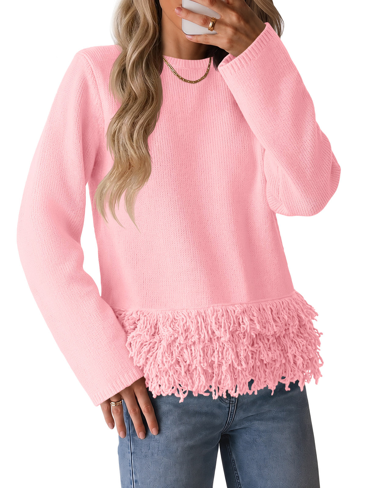 Saodimallsu Women Boho Fringe Knit Sweater
