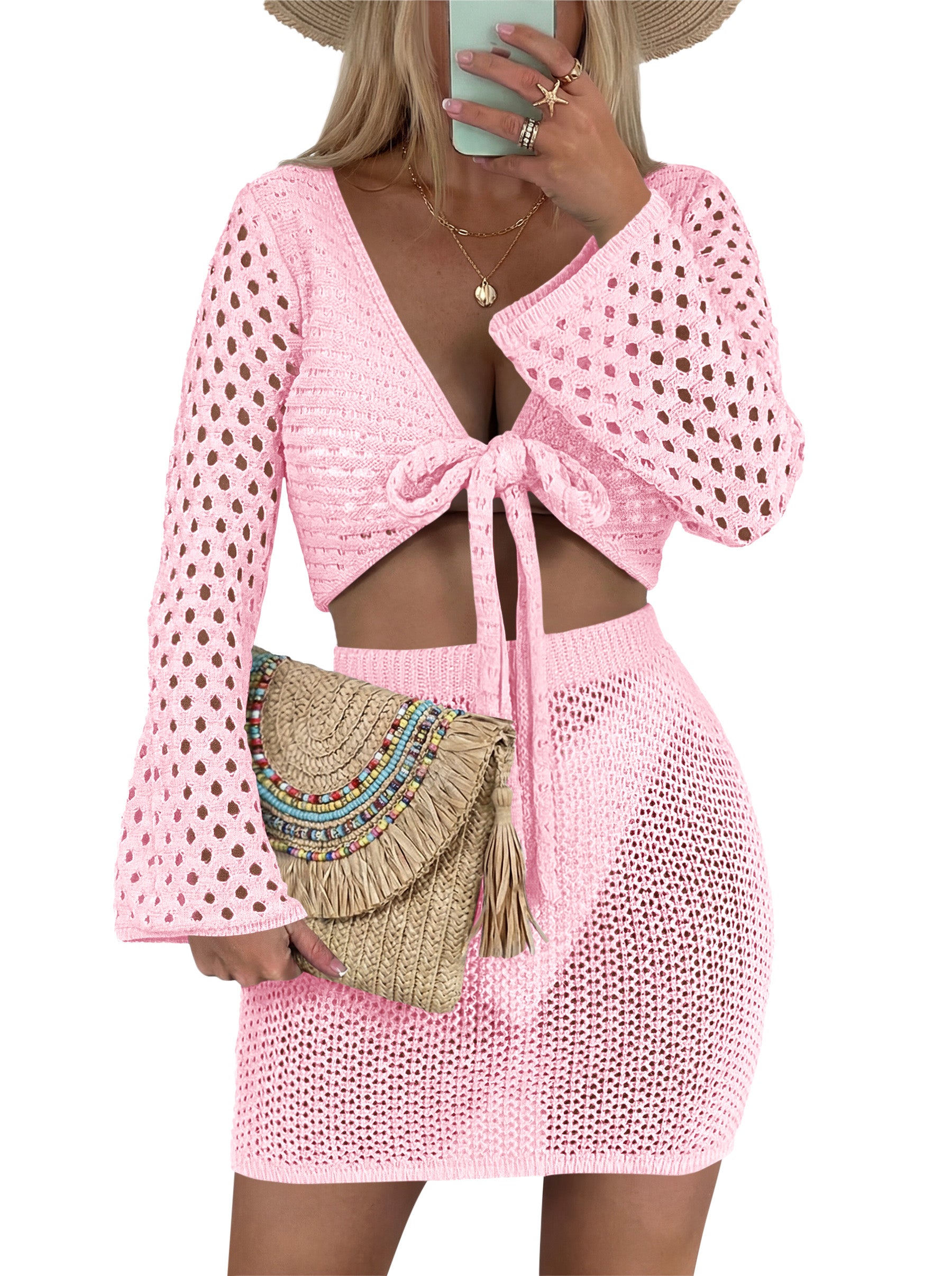 Saodimallsu Womens 2 Piece Crochet Swimsuit Coverup Set