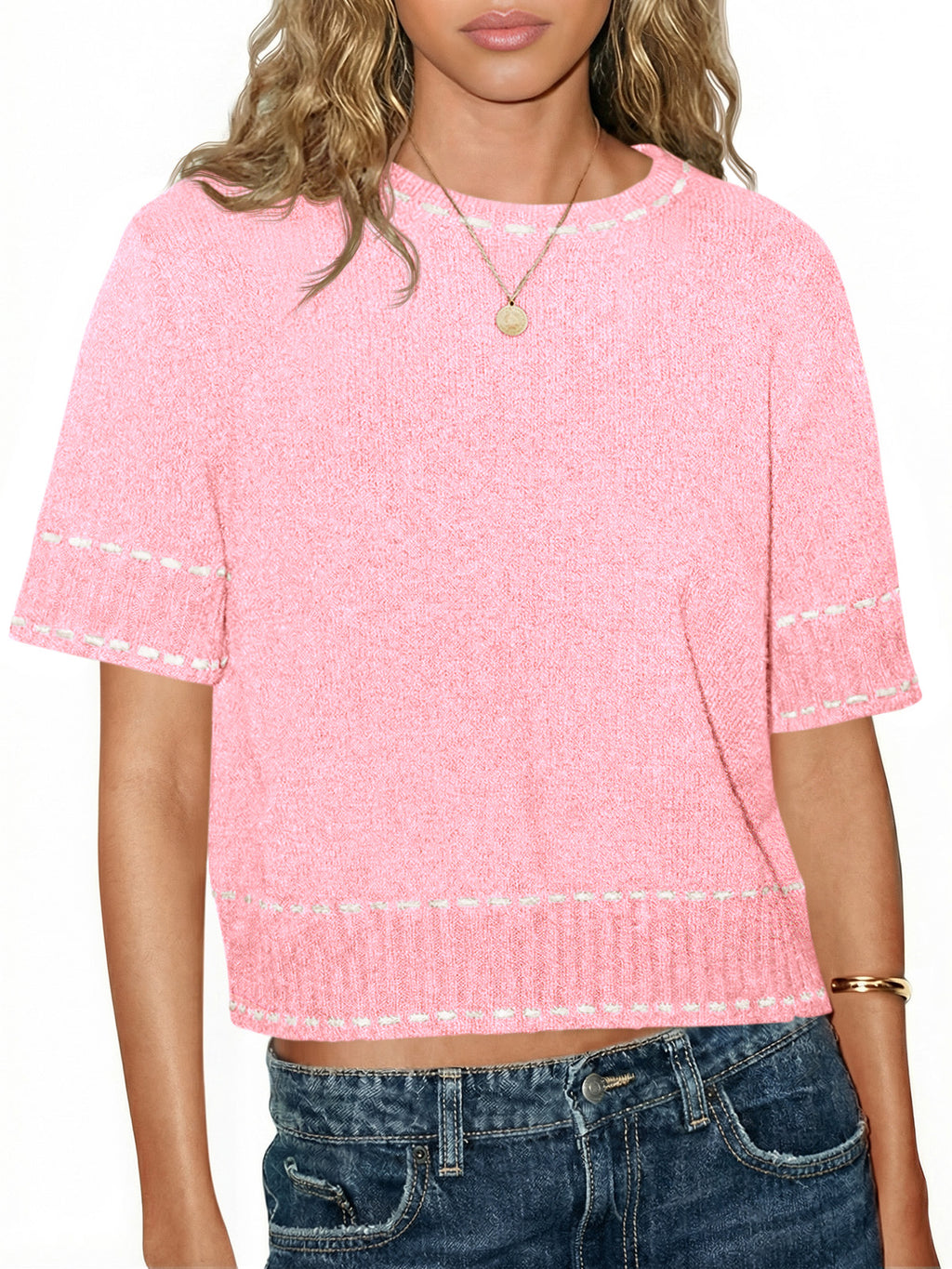 Saodimallsu Womens Cropped Crew Neck Knit Sweater