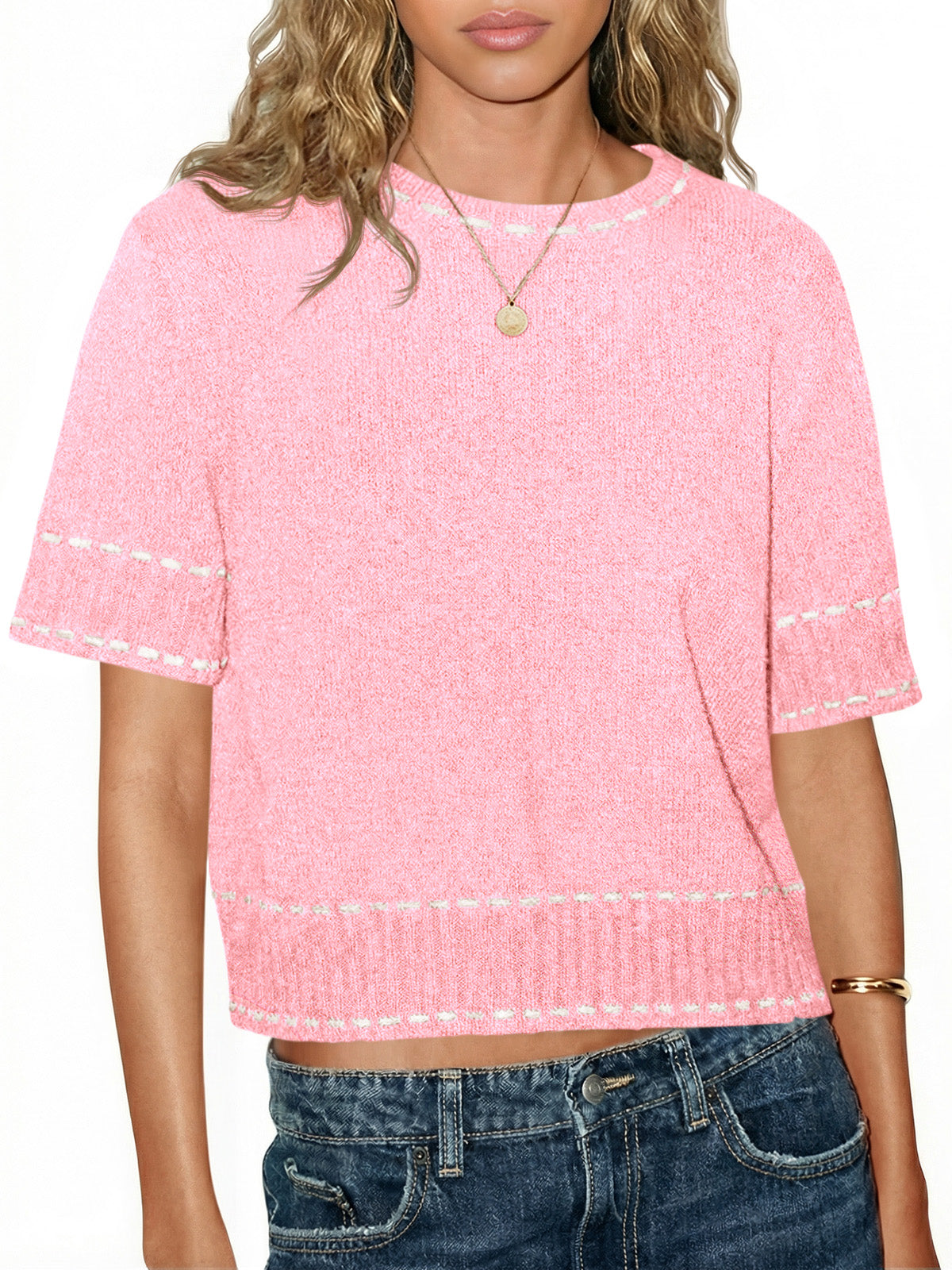 Saodimallsu Womens Cropped Crew Neck Knit Sweater