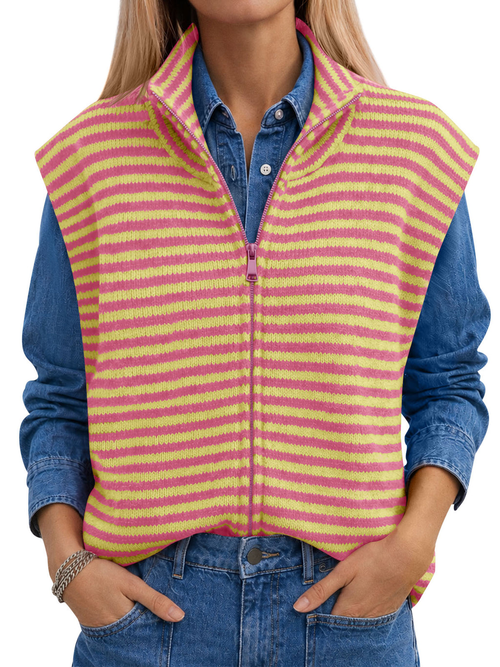 Saodimallsu Women Striped Zip Up Knit Cardigan