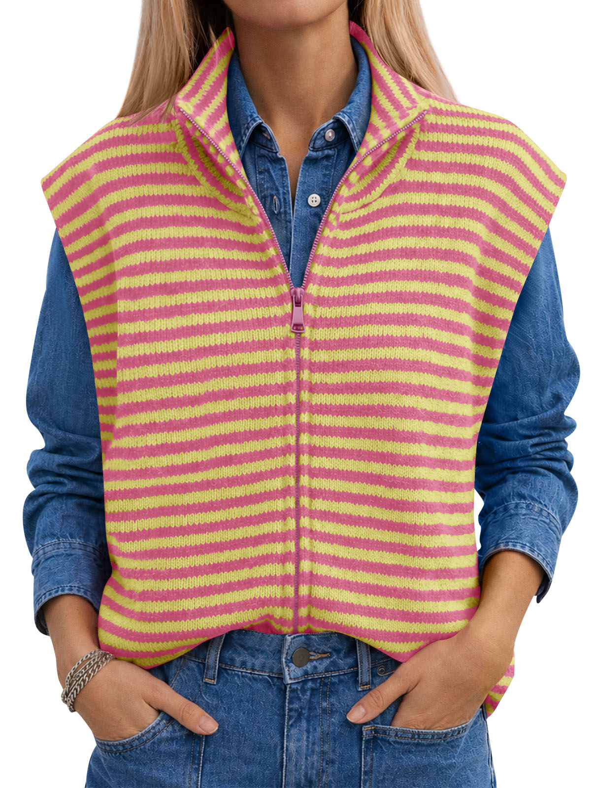 Saodimallsu Women Striped Zip Up Knit Cardigan